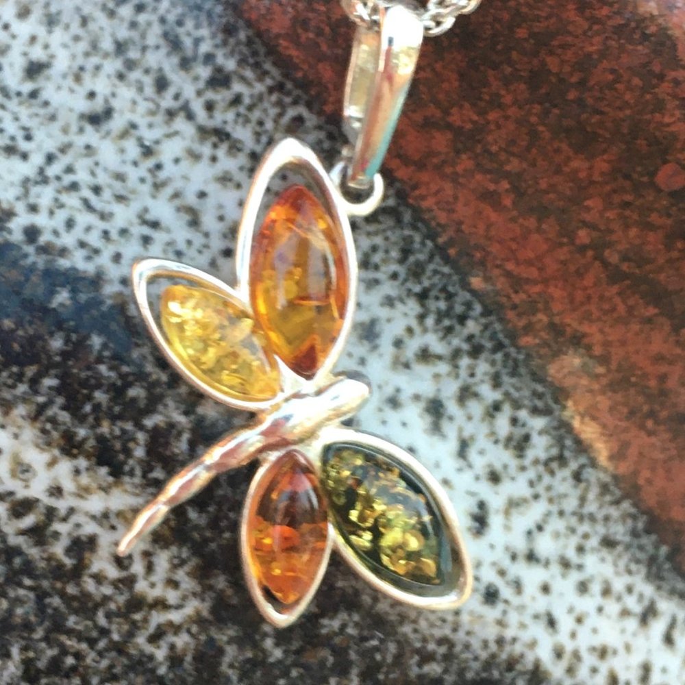 Baltic Amber Dragonfly .925 Pendant Multicolor Genuine Gemstones Sterling Silver